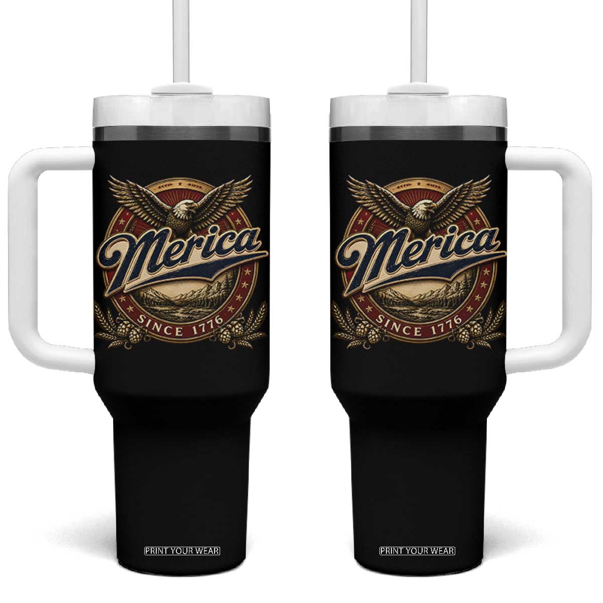 Retro Merica Eagle 4th Of July Tumbler With Handle Vintage 1776 Independence Day TS10 One Size: 40 oz Black Print Your Wear