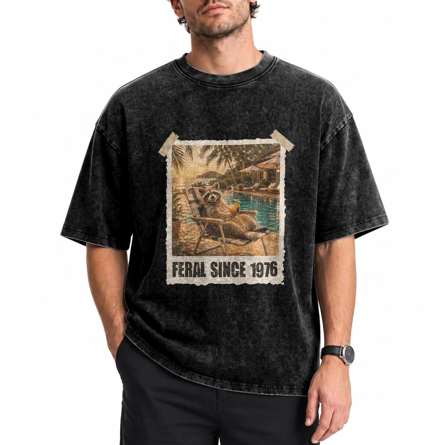 Funny Raccoon Feral Since 1976 50th Birthday Washed Cotton T-Shirt Vintage 50 Year Old Gift