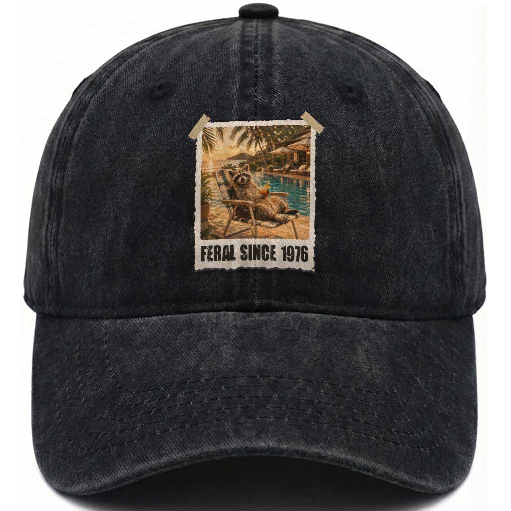 Funny Raccoon Feral Since 1976 50th Birthday Washed Cotton Baseball Cap Vintage 50 Year Old Gift TS10 Print Your Wear
