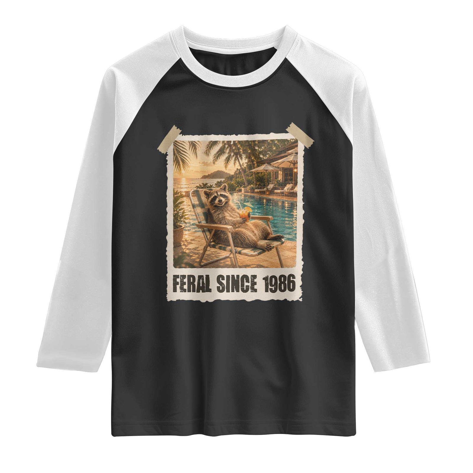 Funny Raccoon Feral Since 1986 40th Birthday Raglan Shirt Vintage 40 Year Old Gift TS10 Black White Print Your Wear