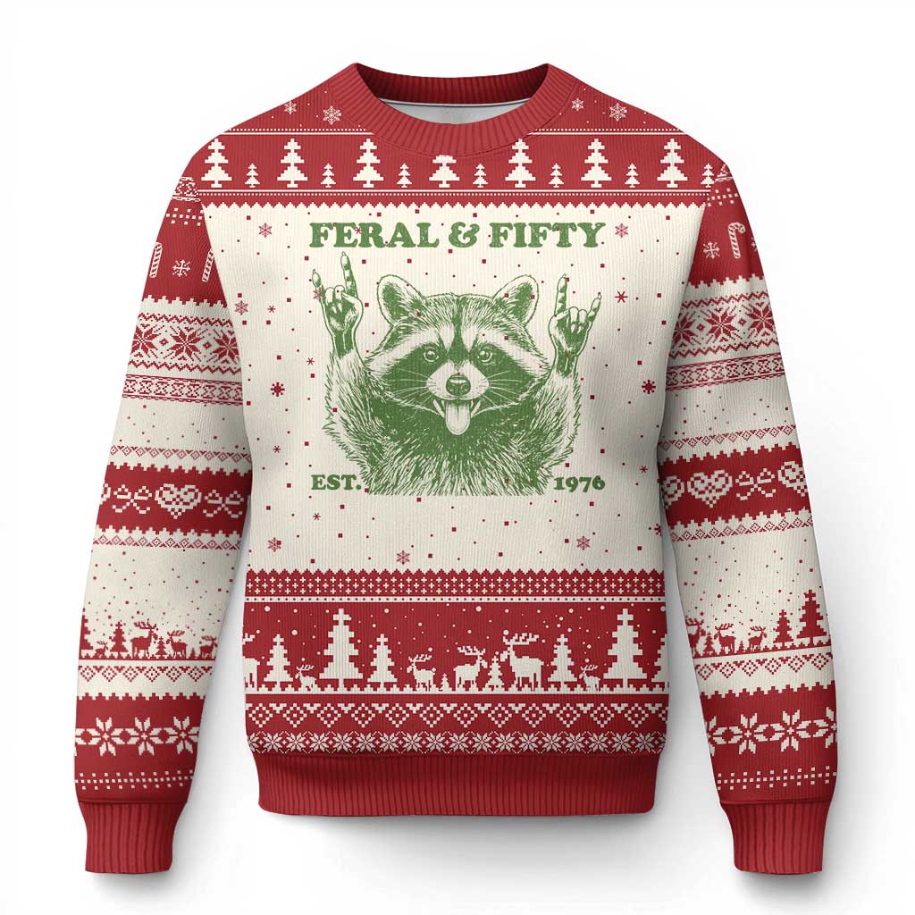 Raccoon 50th Birthday Ugly Christmas Sweater Funny Feral And Fifty Vintage 1976 50 Year Old Gift TS10 Beige Red Print Your Wear