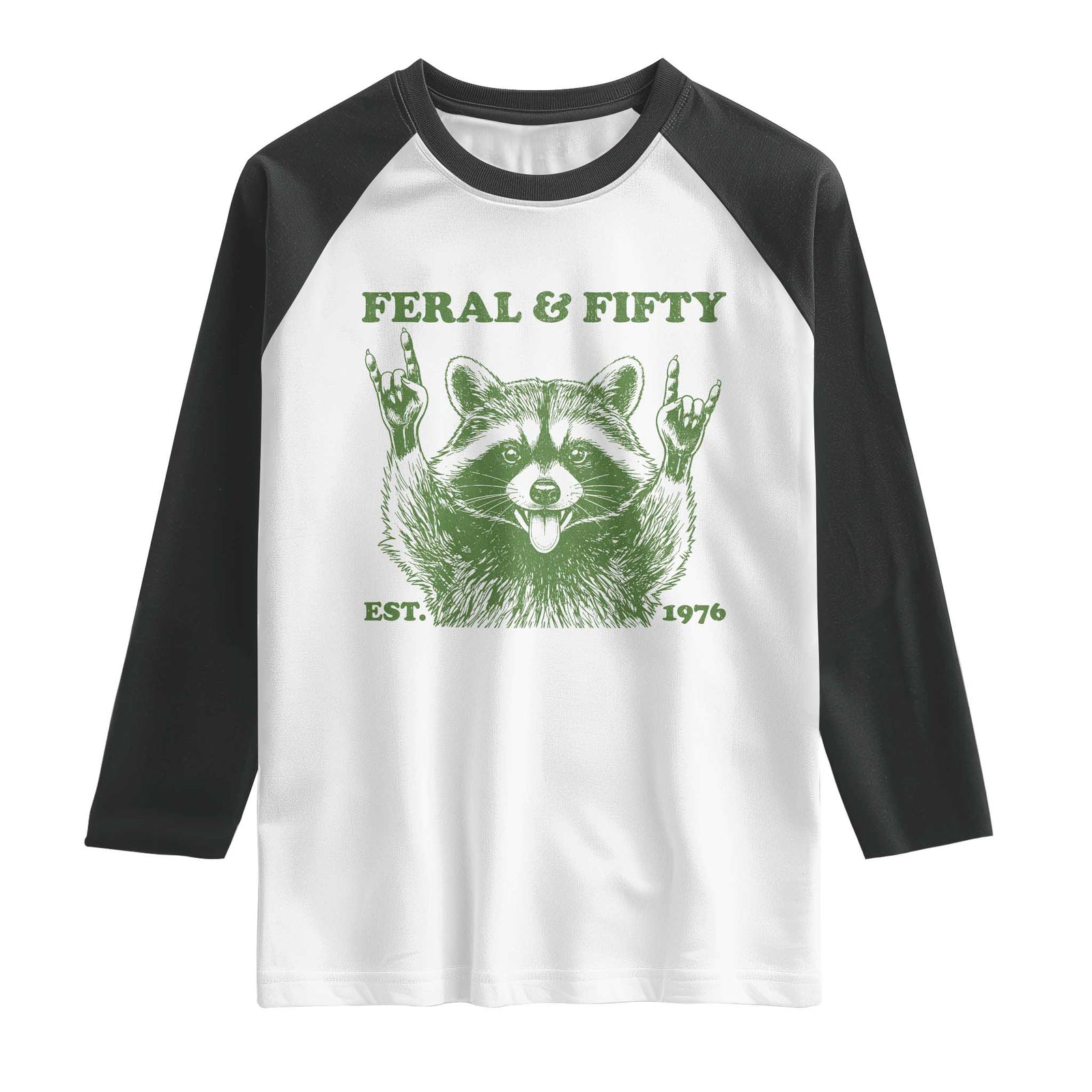 Raccoon 50th Birthday Raglan Shirt Funny Feral And Fifty Vintage 1976 50 Year Old Gift TS10 White Black Print Your Wear