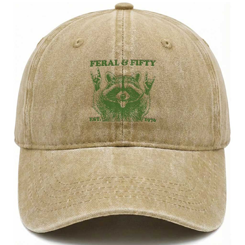 Raccoon 50th Birthday Washed Cotton Baseball Cap Funny Feral And Fifty Vintage 1976 50 Year Old Gift TS10 Print Your Wear