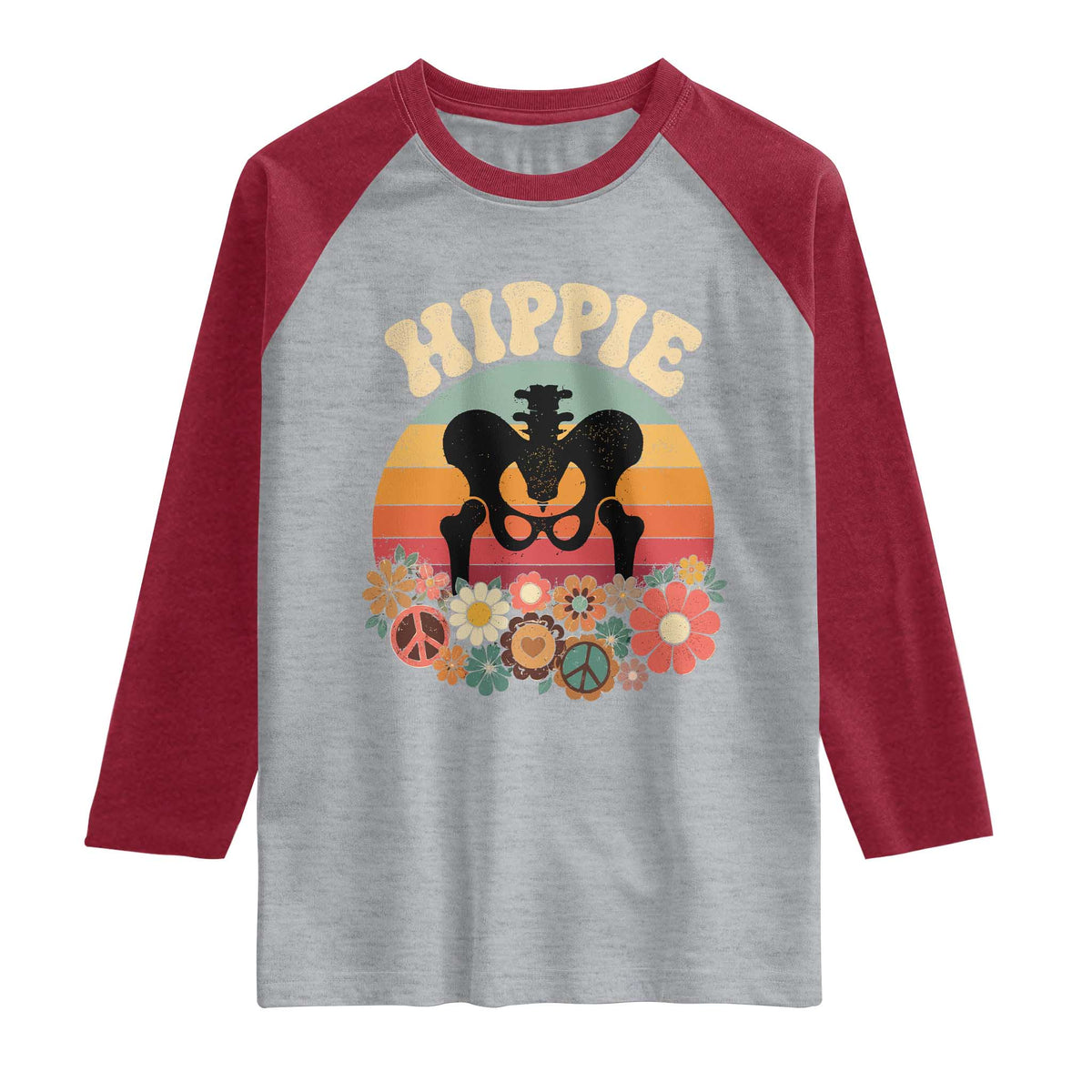 Hip Replacement Recovery Raglan Shirt Hippie 70s Retro Sunset Floral Anatomy Graphic TS10 Heather Gray Heather Red Print Your Wear