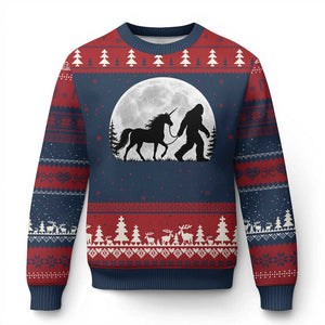 Bigfoot Walking Unicorn Ugly Christmas Sweater Full Moon Sasquatch Fantasy Forest Silhouette TS10 Navy Red Print Your Wear