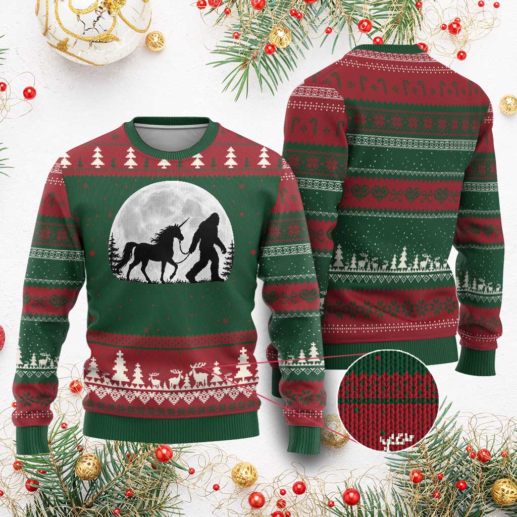 Bigfoot Walking Unicorn Ugly Christmas Sweater Full Moon Sasquatch Fantasy Forest Silhouette TS10 Red Green Print Your Wear