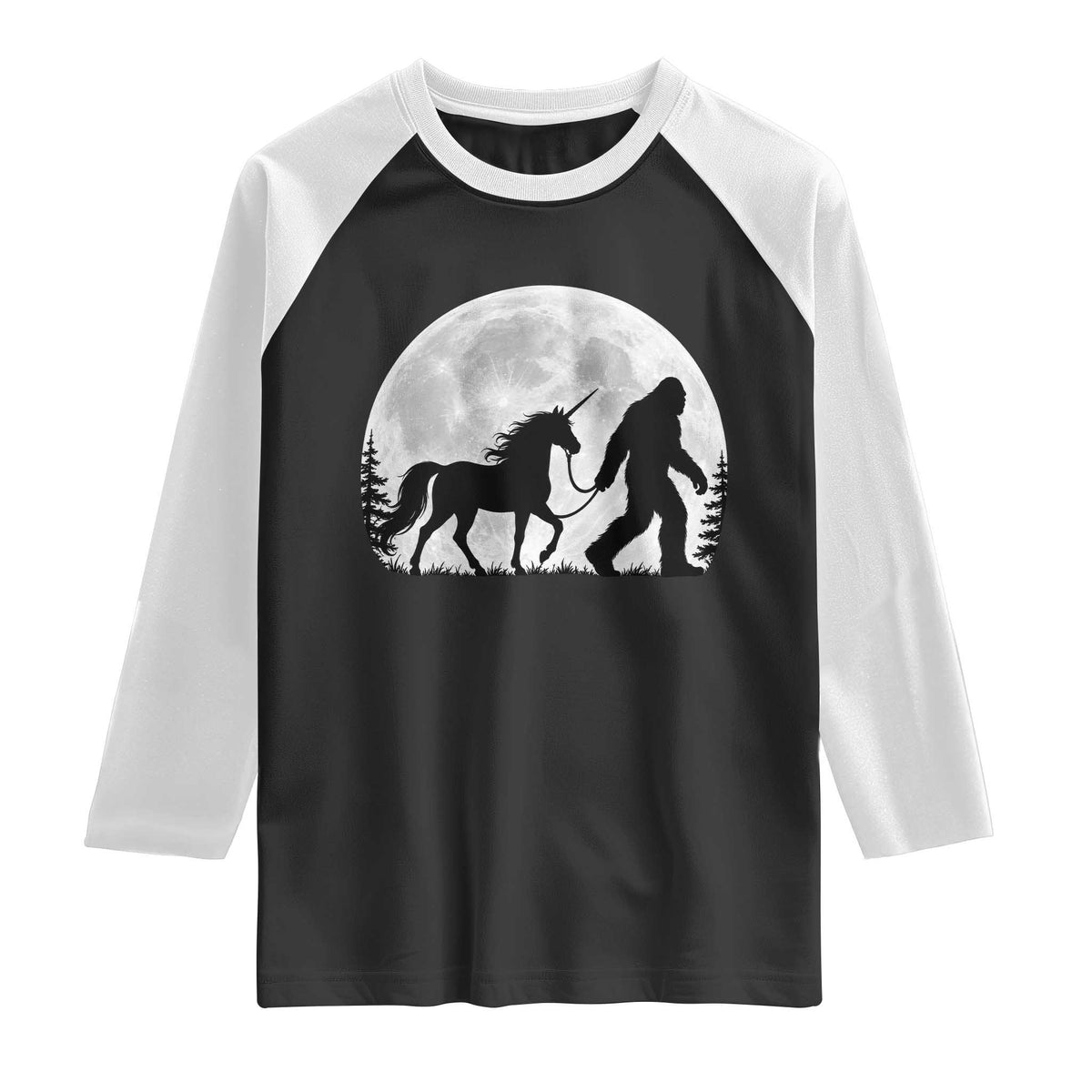 Bigfoot Walking Unicorn Raglan Shirt Full Moon Sasquatch Fantasy Forest Silhouette TS10 Black White Print Your Wear