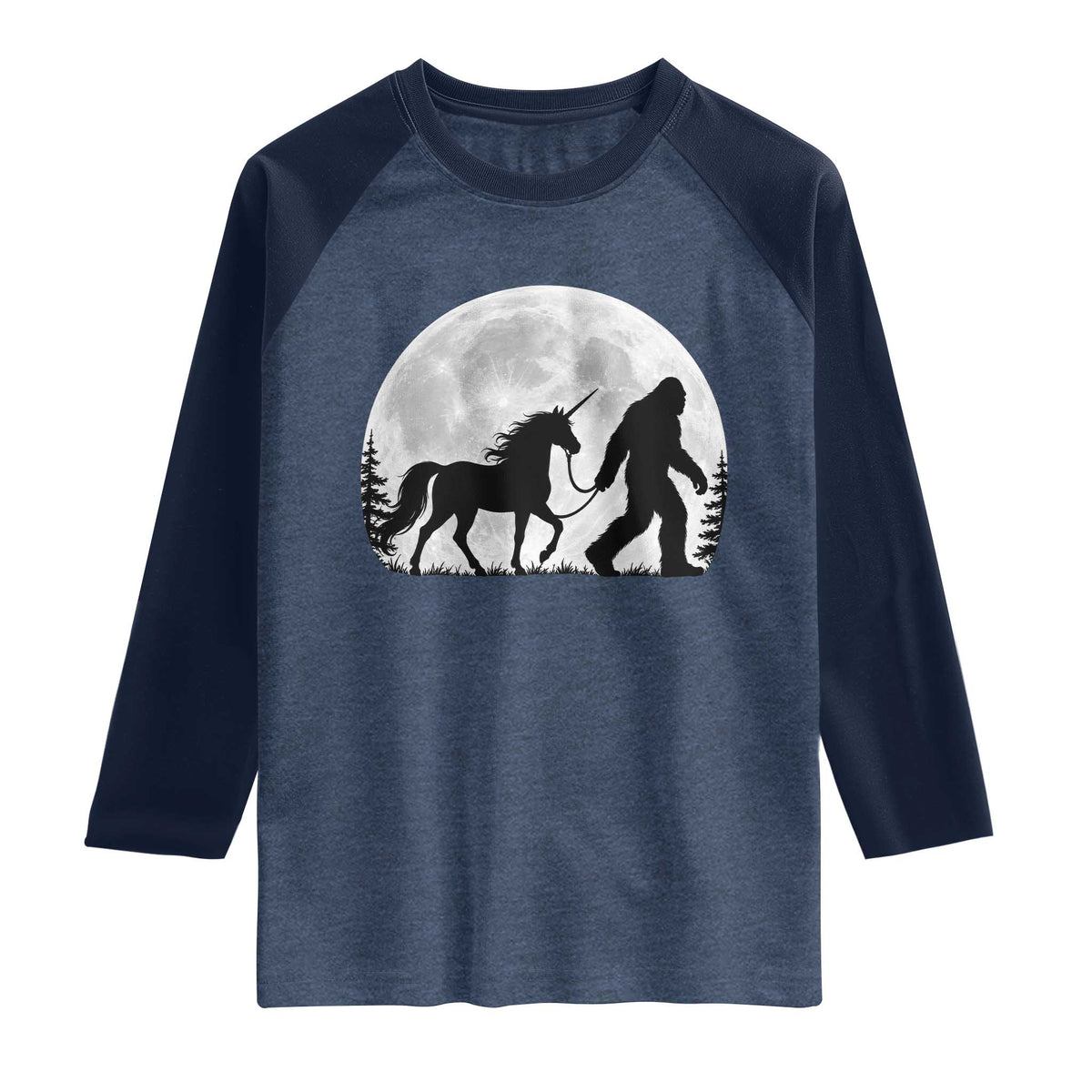 Bigfoot Walking Unicorn Raglan Shirt Full Moon Sasquatch Fantasy Forest Silhouette TS10 Heather Denim Navy Print Your Wear