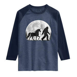 Bigfoot Walking Unicorn Raglan Shirt Full Moon Sasquatch Fantasy Forest Silhouette TS10 Heather Denim Navy Print Your Wear
