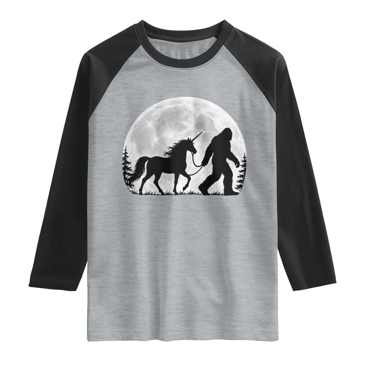 Bigfoot Walking Unicorn Raglan Shirt Full Moon Sasquatch Fantasy Forest Silhouette TS10 Heather Gray Black Print Your Wear