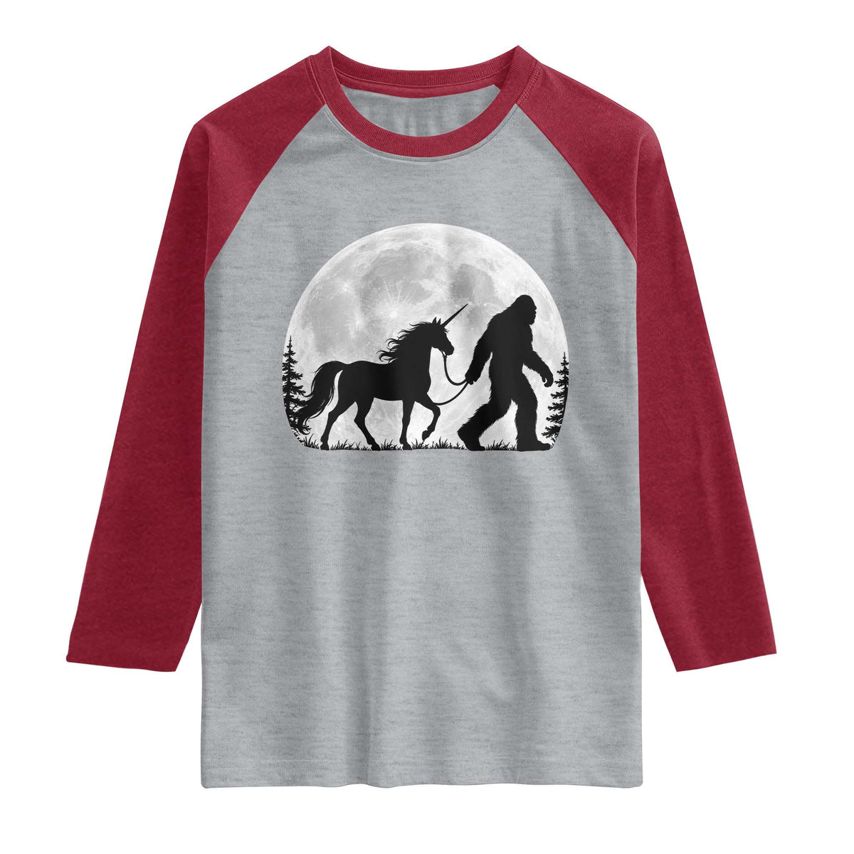 Bigfoot Walking Unicorn Raglan Shirt Full Moon Sasquatch Fantasy Forest Silhouette TS10 Heather Gray Heather Red Print Your Wear
