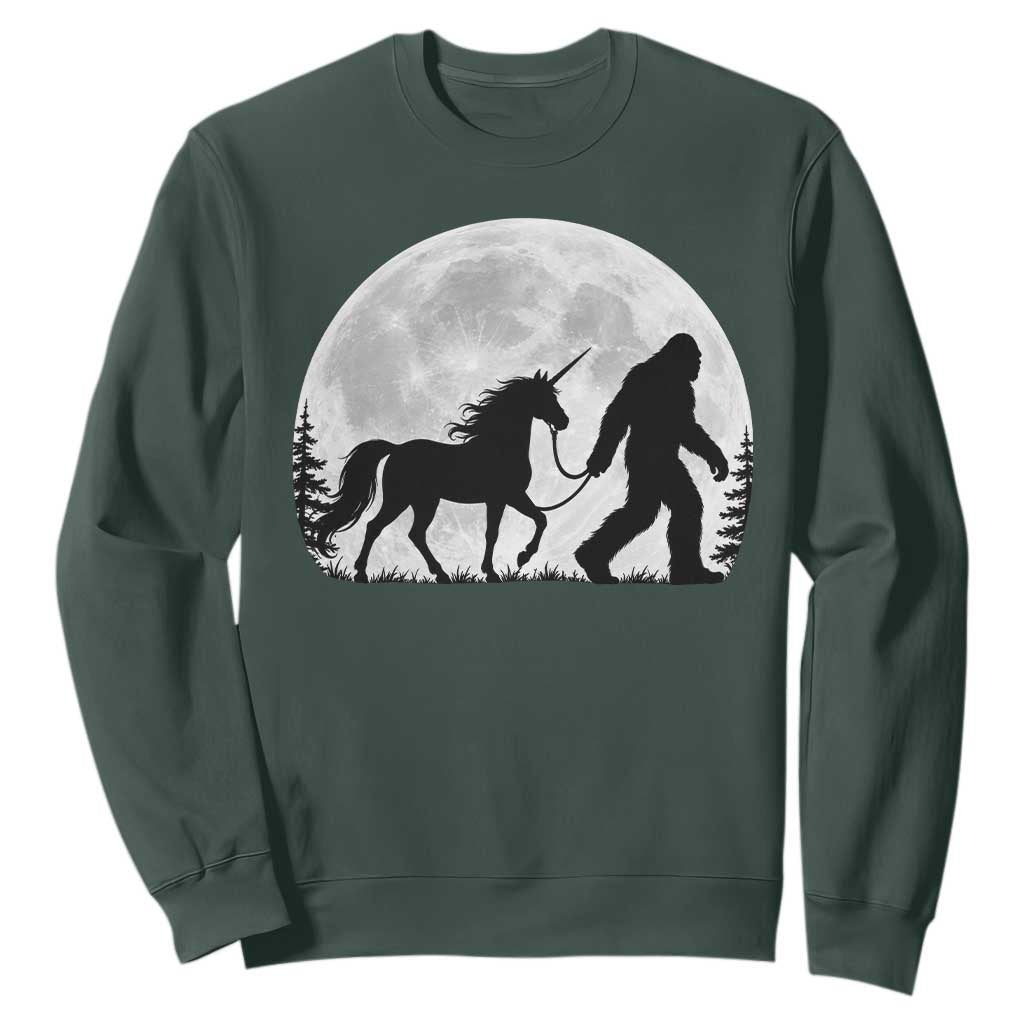 Bigfoot Walking Unicorn Sweatshirt Full Moon Sasquatch Fantasy Forest Silhouette TS10 Dark Forest Green Print Your Wear