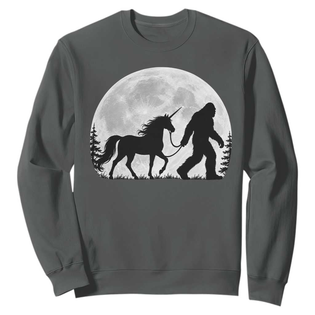 Bigfoot Walking Unicorn Sweatshirt Full Moon Sasquatch Fantasy Forest Silhouette TS10 Dark Heather Print Your Wear