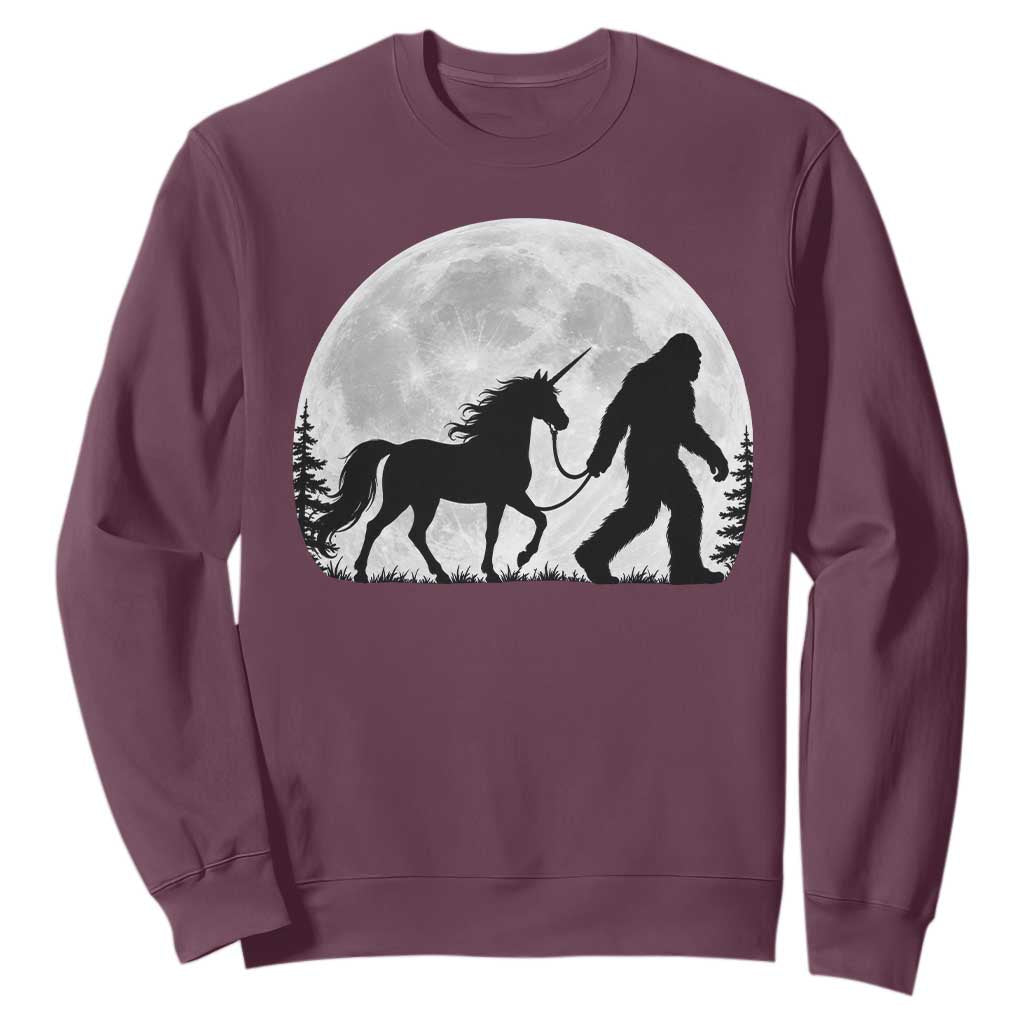 Bigfoot Walking Unicorn Sweatshirt Full Moon Sasquatch Fantasy Forest Silhouette TS10 Maroon Print Your Wear
