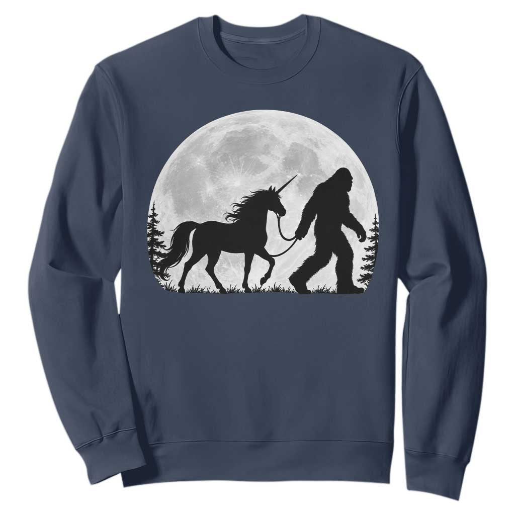 Bigfoot Walking Unicorn Sweatshirt Full Moon Sasquatch Fantasy Forest Silhouette TS10 Navy Print Your Wear