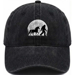 Bigfoot Walking Unicorn Washed Cotton Baseball Cap Full Moon Sasquatch Fantasy Forest Silhouette TS10 Print Your Wear