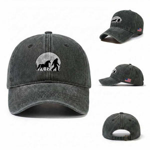 Bigfoot Walking Unicorn Washed Cotton Baseball Cap Full Moon Sasquatch Fantasy Forest Silhouette TS10 Washed Cap Universal Fit Dark Green Print Your Wear