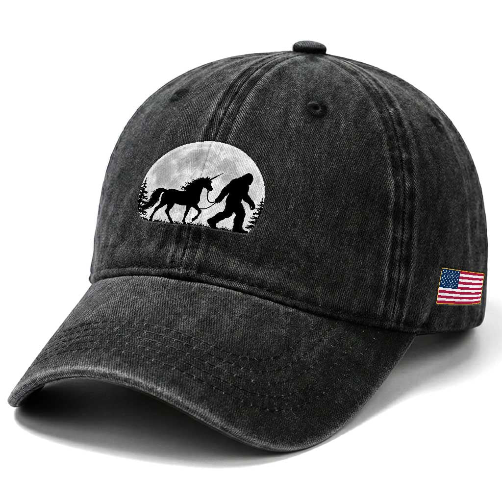 Bigfoot Walking Unicorn Washed Cotton Baseball Cap Full Moon Sasquatch Fantasy Forest Silhouette TS10 Print Your Wear