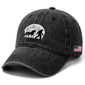 Bigfoot Walking Unicorn Washed Cotton Baseball Cap Full Moon Sasquatch Fantasy Forest Silhouette TS10 Print Your Wear