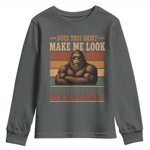 Does This Make Me Look Professionally Developed Funny Bigfoot Youth Sweatshirt Sasquatch Retro Humor TS10 Dark Heather Print Your Wear