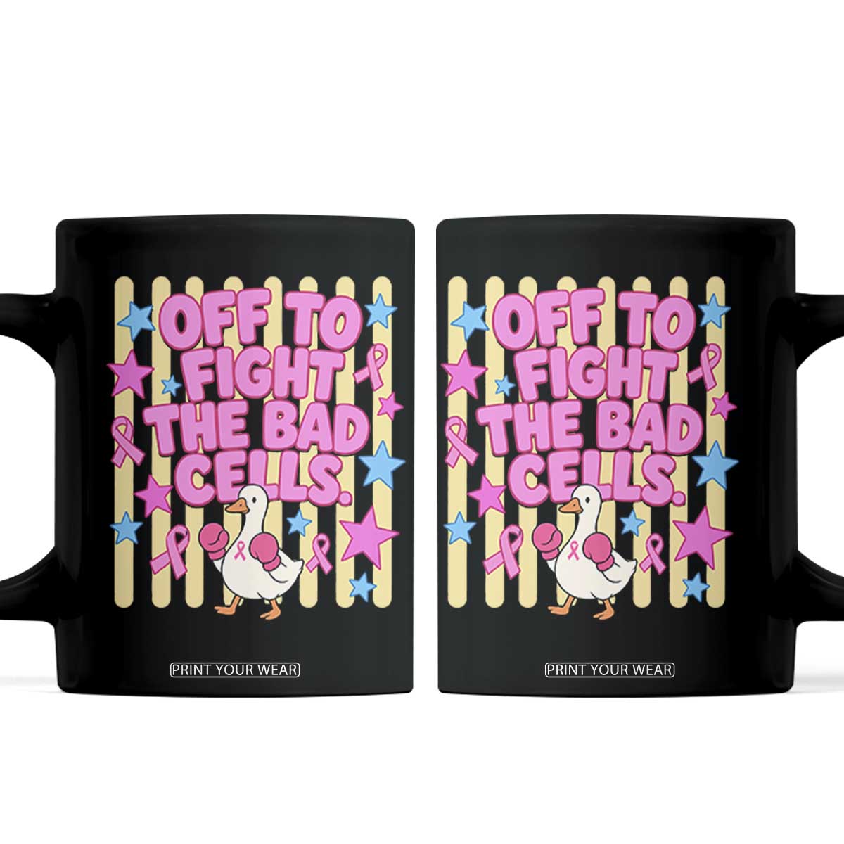Off To Fight The Bad Cells Breast Cancer Awareness Goose Coffee Mug Cute Boxing Pink Ribbon Survivor Fighter Chemo Support
