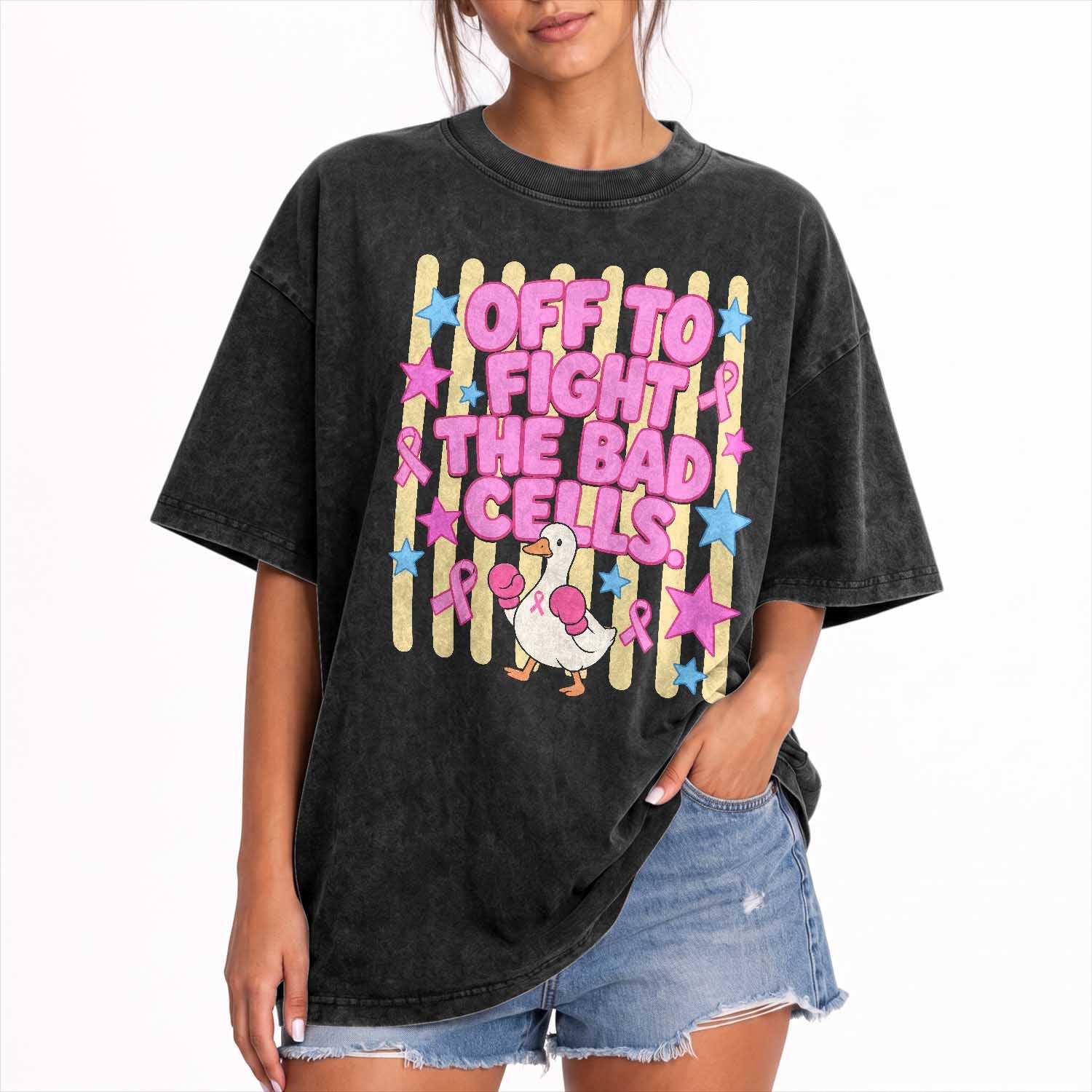 Off To Fight The Bad Cells Breast Cancer Awareness Goose Washed Cotton T-Shirt Cute Boxing Pink Ribbon Survivor Fighter Chemo Support