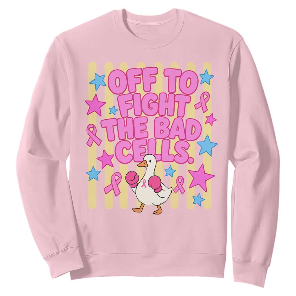 Off To Fight The Bad Cells Breast Cancer Awareness Goose Sweatshirt Cute Boxing Pink Ribbon Survivor Fighter Chemo Support