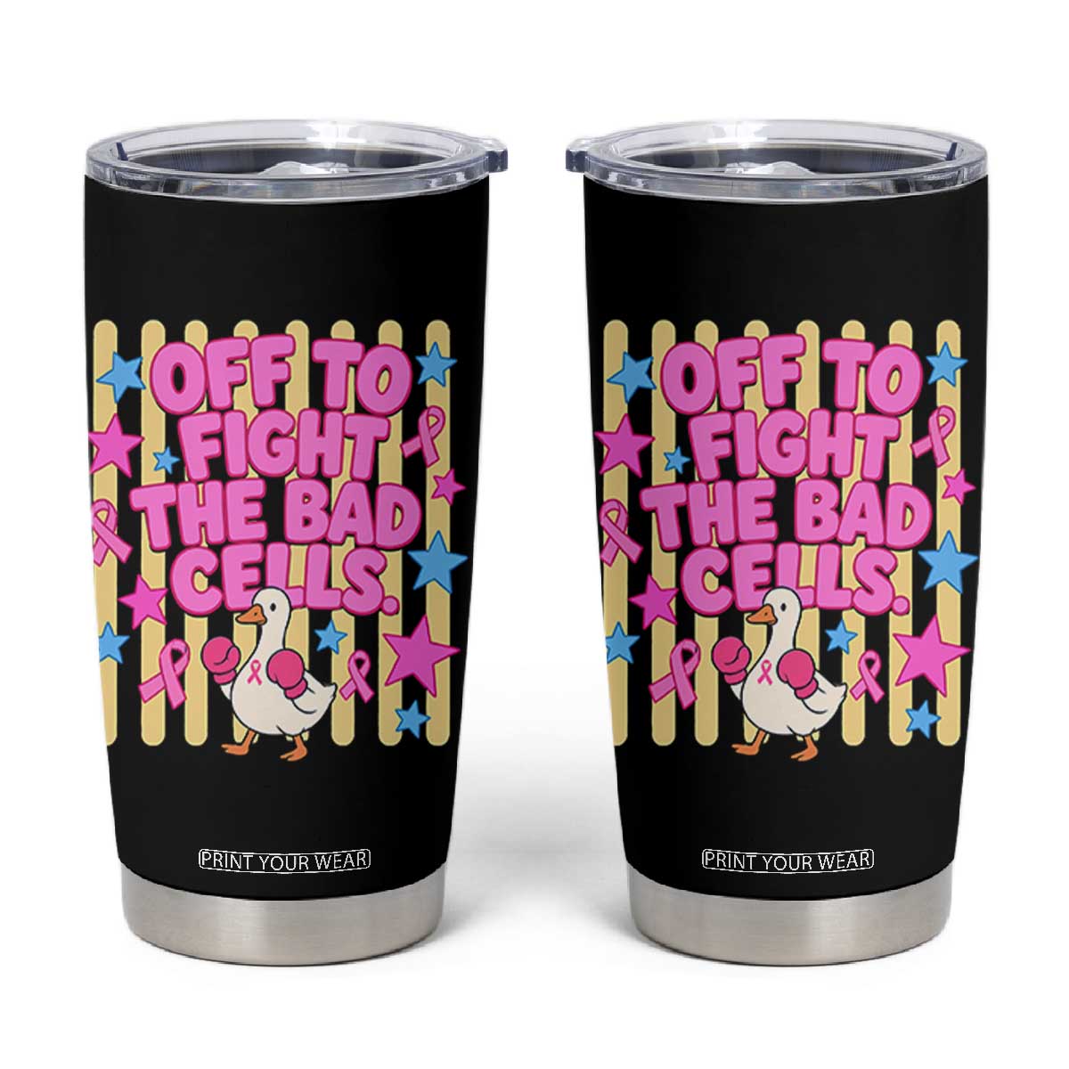 Off To Fight The Bad Cells Breast Cancer Awareness Goose Tumbler Cup Cute Boxing Pink Ribbon Survivor Fighter Chemo Support