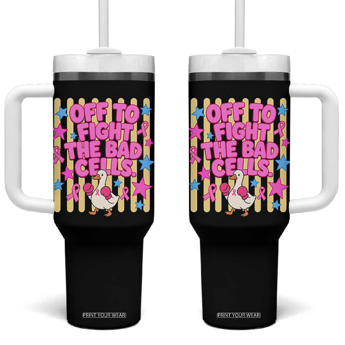 Off To Fight The Bad Cells Breast Cancer Awareness Goose Tumbler With Handle Cute Boxing Pink Ribbon Survivor Fighter Chemo Support