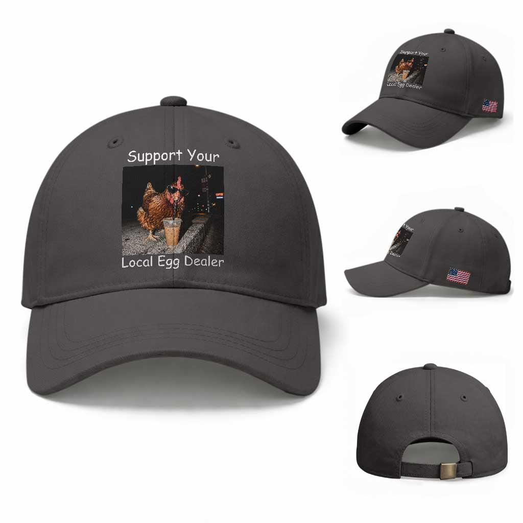Support Local Dealer Chicken Farmer Baseball Cap Funny Animal Graphic Chicken Drinking Iced Coffee TS10 Baseball Cap Universal Fit Dark Gray Print Your Wear