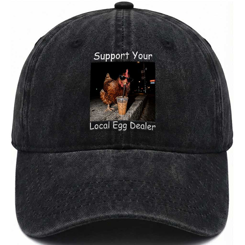 Support Local Dealer Chicken Farmer Washed Cotton Baseball Cap Funny Animal Graphic Chicken Drinking Iced Coffee TS10 Print Your Wear