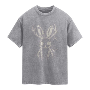 Creepy Cute Jackalope Washed Cotton T-Shirt Gothic Spooky Horned Rabbit Graphic