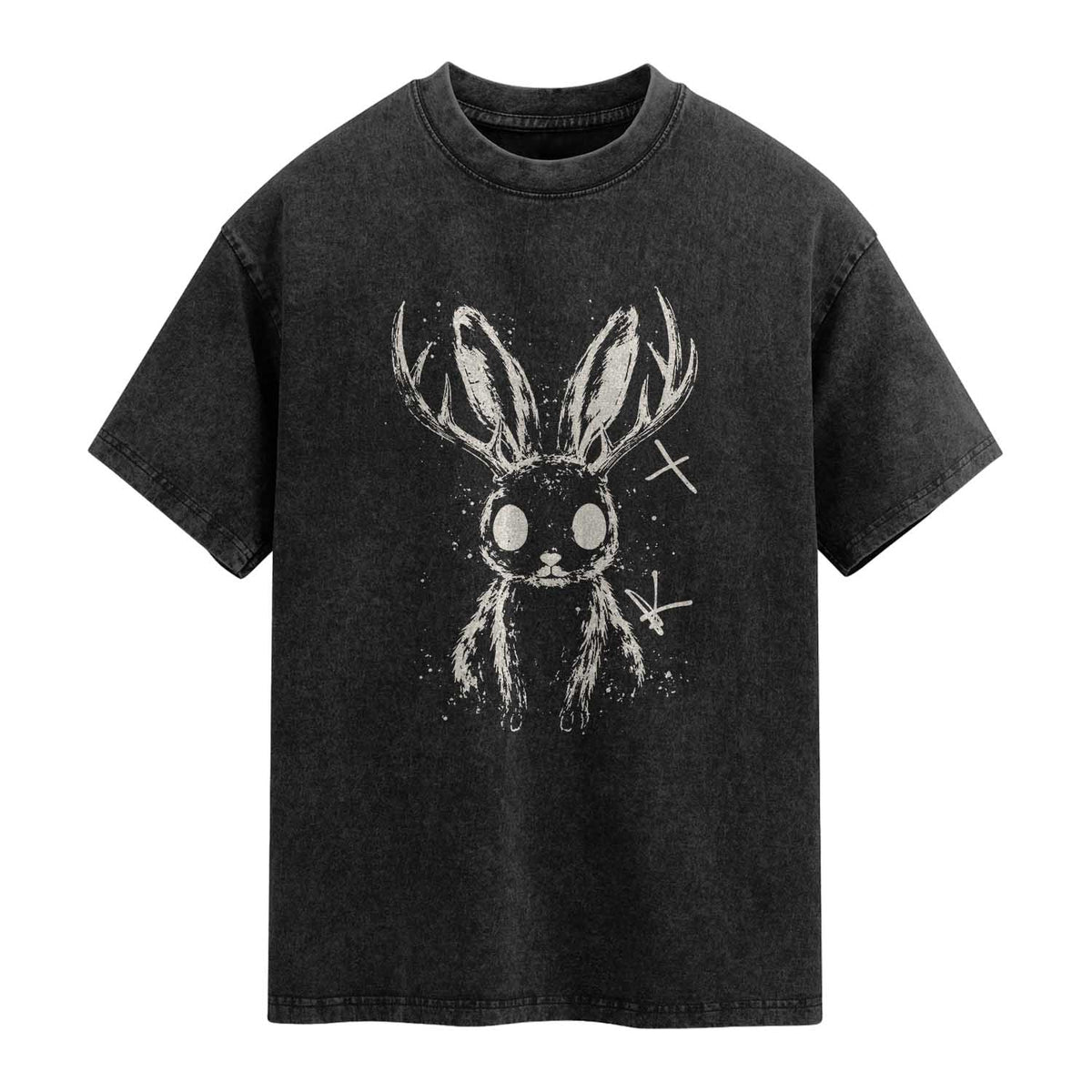 Creepy Cute Jackalope Washed Cotton T-Shirt Gothic Spooky Horned Rabbit Graphic