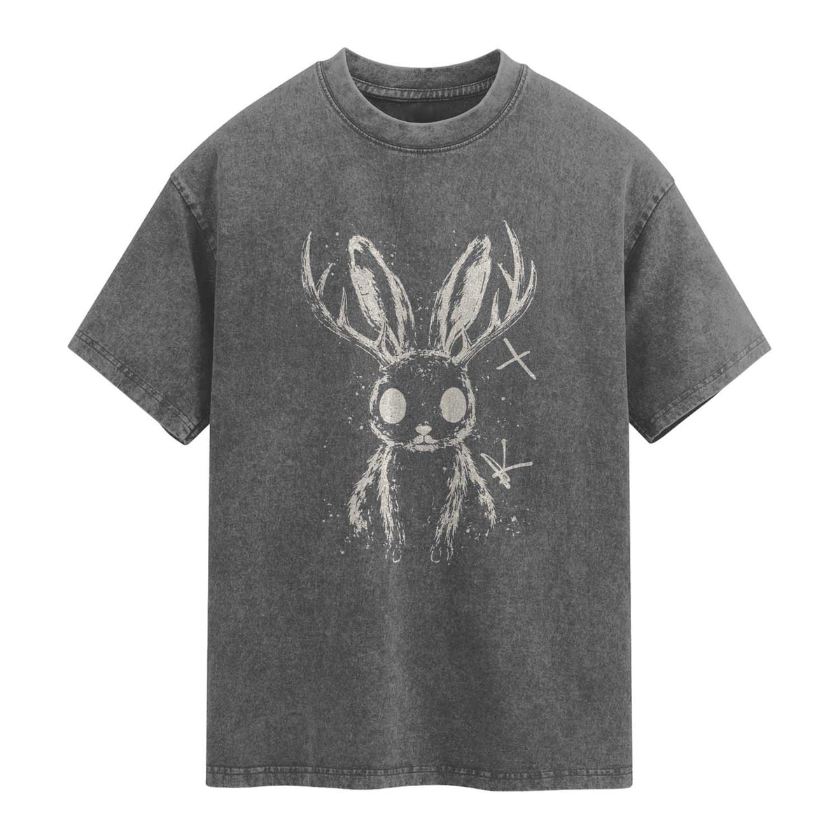 Creepy Cute Jackalope Washed Cotton T-Shirt Gothic Spooky Horned Rabbit Graphic