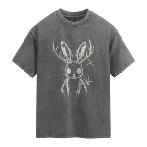 Creepy Cute Jackalope Washed Cotton T-Shirt Gothic Spooky Horned Rabbit Graphic