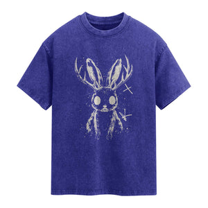 Creepy Cute Jackalope Washed Cotton T-Shirt Gothic Spooky Horned Rabbit Graphic