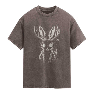 Creepy Cute Jackalope Washed Cotton T-Shirt Gothic Spooky Horned Rabbit Graphic