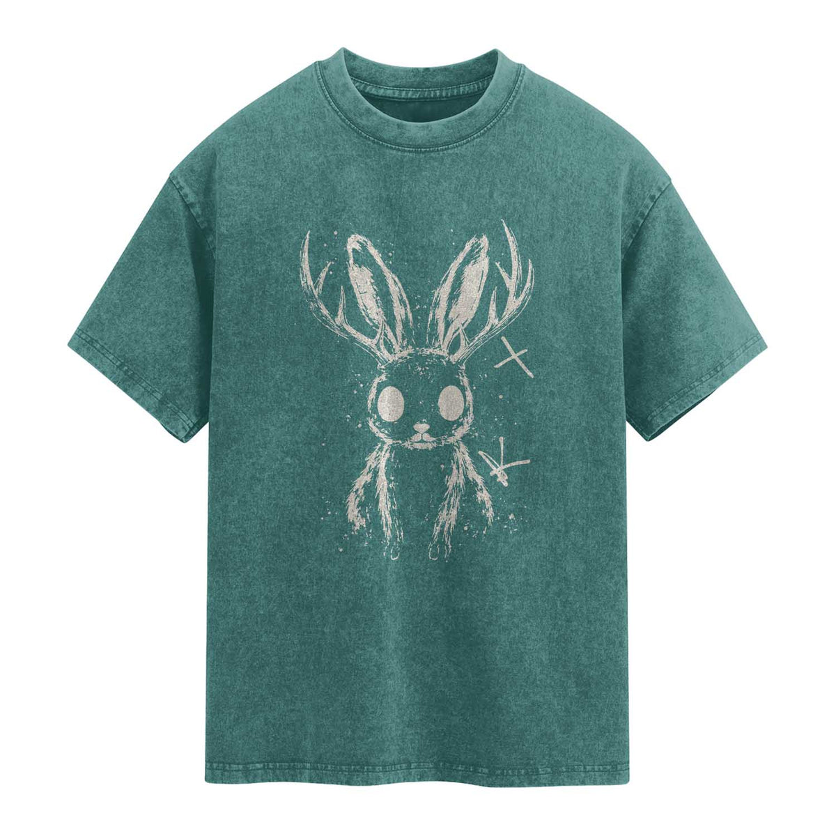 Creepy Cute Jackalope Washed Cotton T-Shirt Gothic Spooky Horned Rabbit Graphic