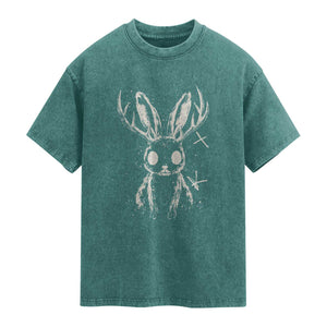 Creepy Cute Jackalope Washed Cotton T-Shirt Gothic Spooky Horned Rabbit Graphic