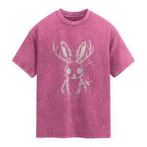 Creepy Cute Jackalope Washed Cotton T-Shirt Gothic Spooky Horned Rabbit Graphic