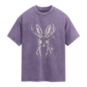 Creepy Cute Jackalope Washed Cotton T-Shirt Gothic Spooky Horned Rabbit Graphic