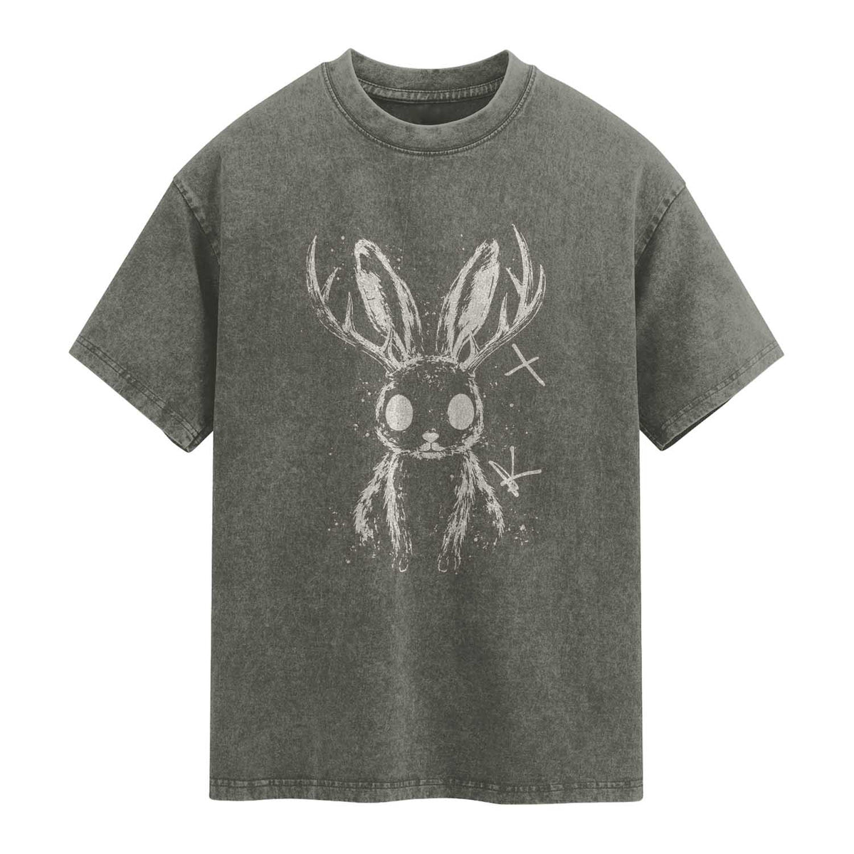 Creepy Cute Jackalope Washed Cotton T-Shirt Gothic Spooky Horned Rabbit Graphic