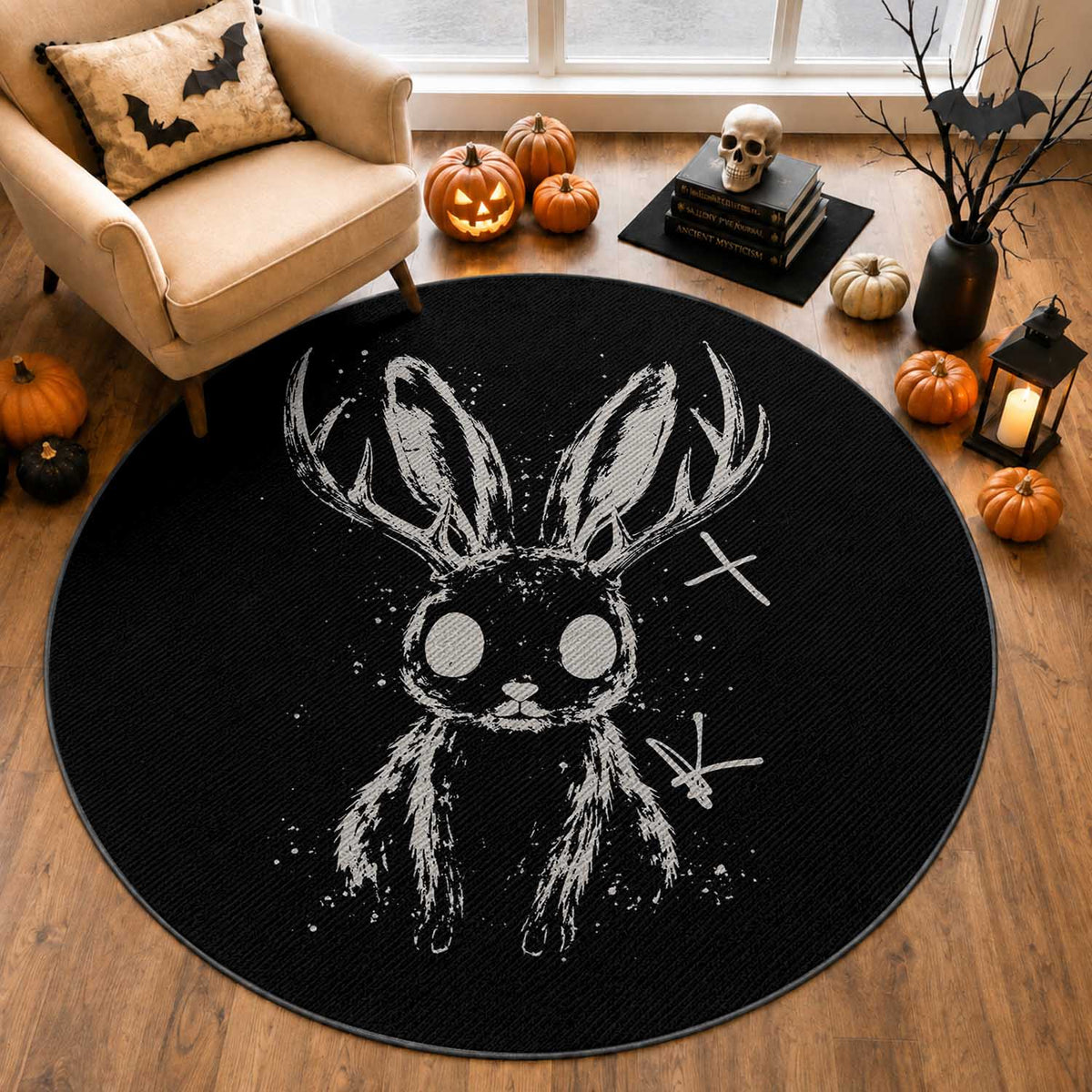 Creepy Cute Jackalope Round Rug Gothic Spooky Horned Rabbit Graphic