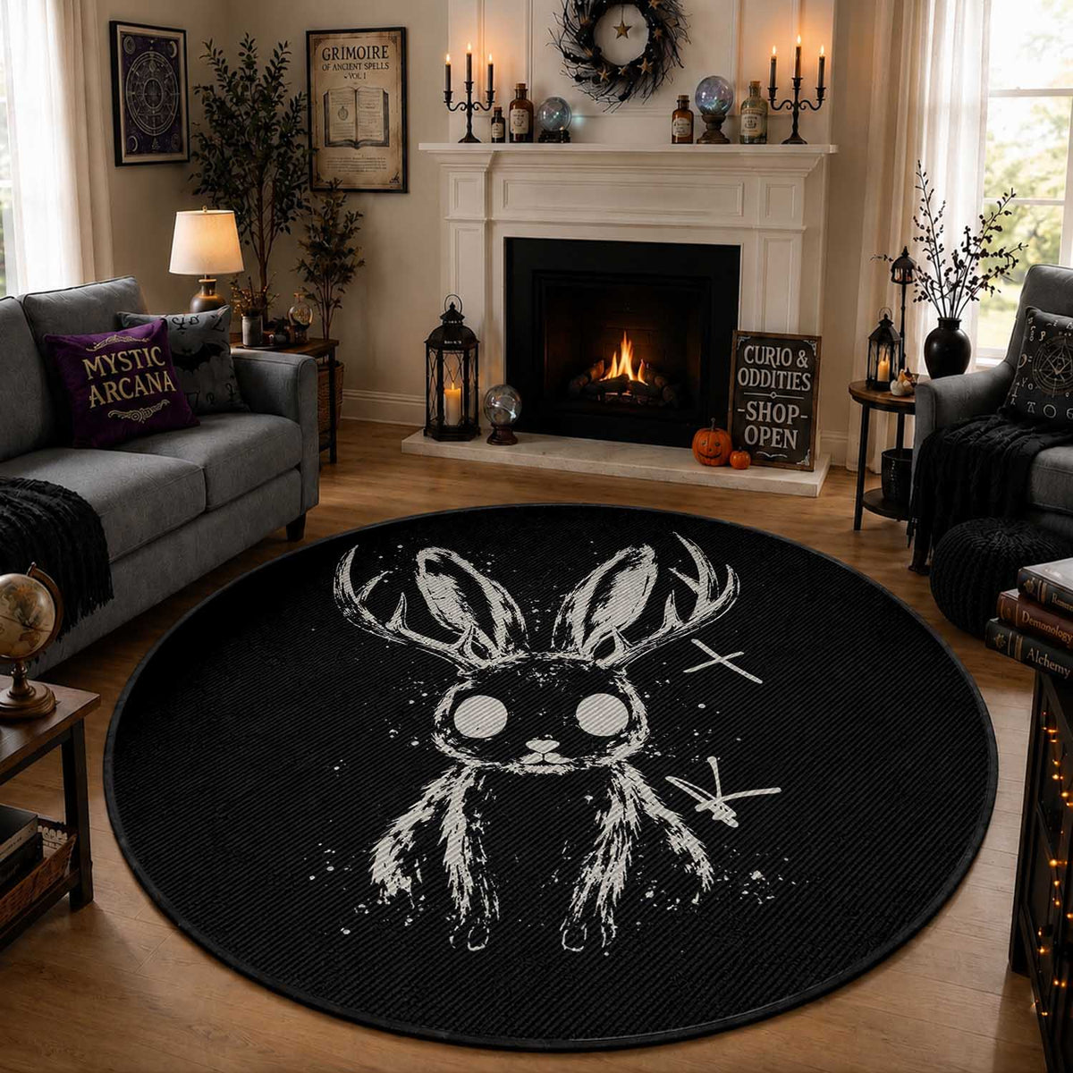 Creepy Cute Jackalope Round Rug Gothic Spooky Horned Rabbit Graphic