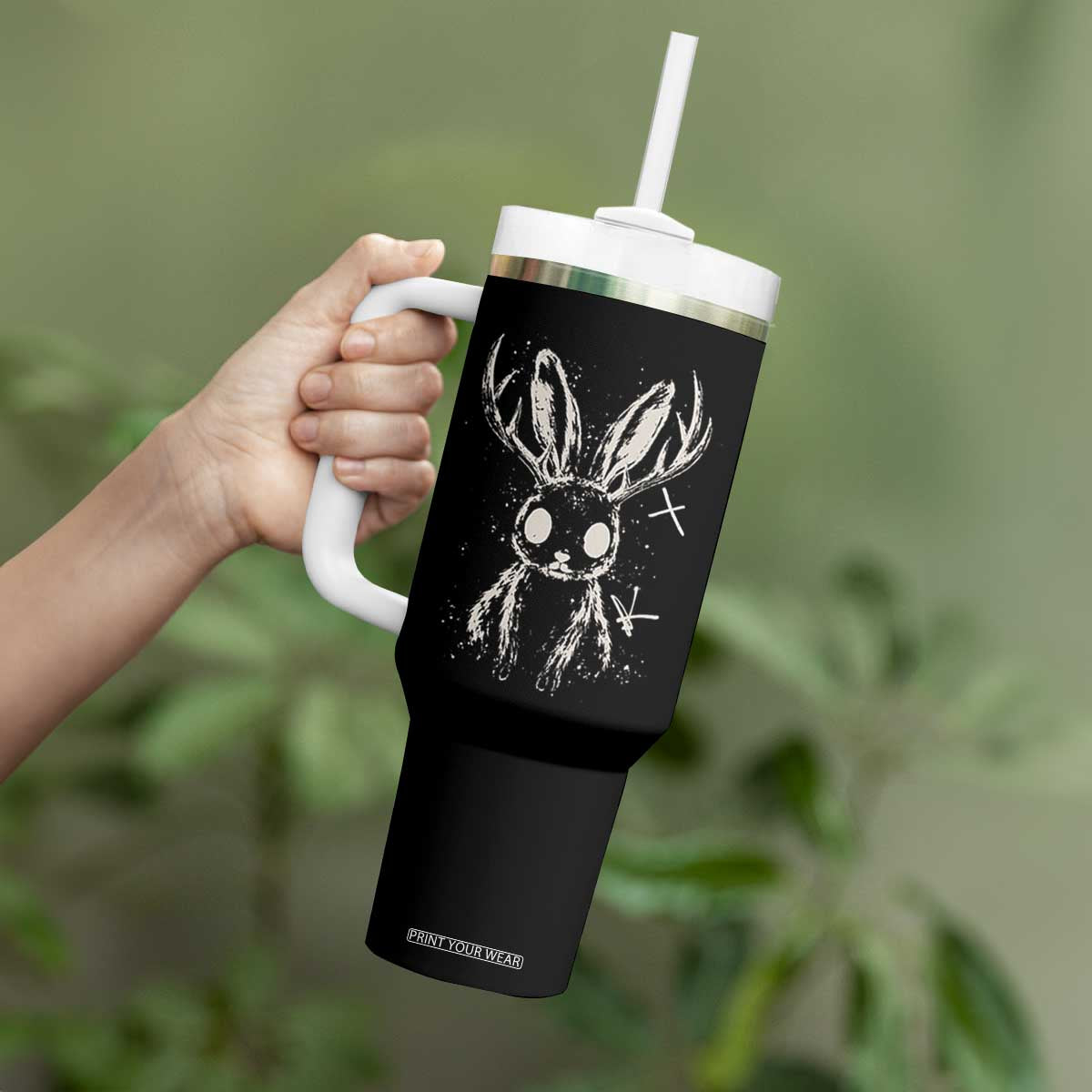 Creepy Cute Jackalope Tumbler With Handle Gothic Spooky Horned Rabbit Graphic