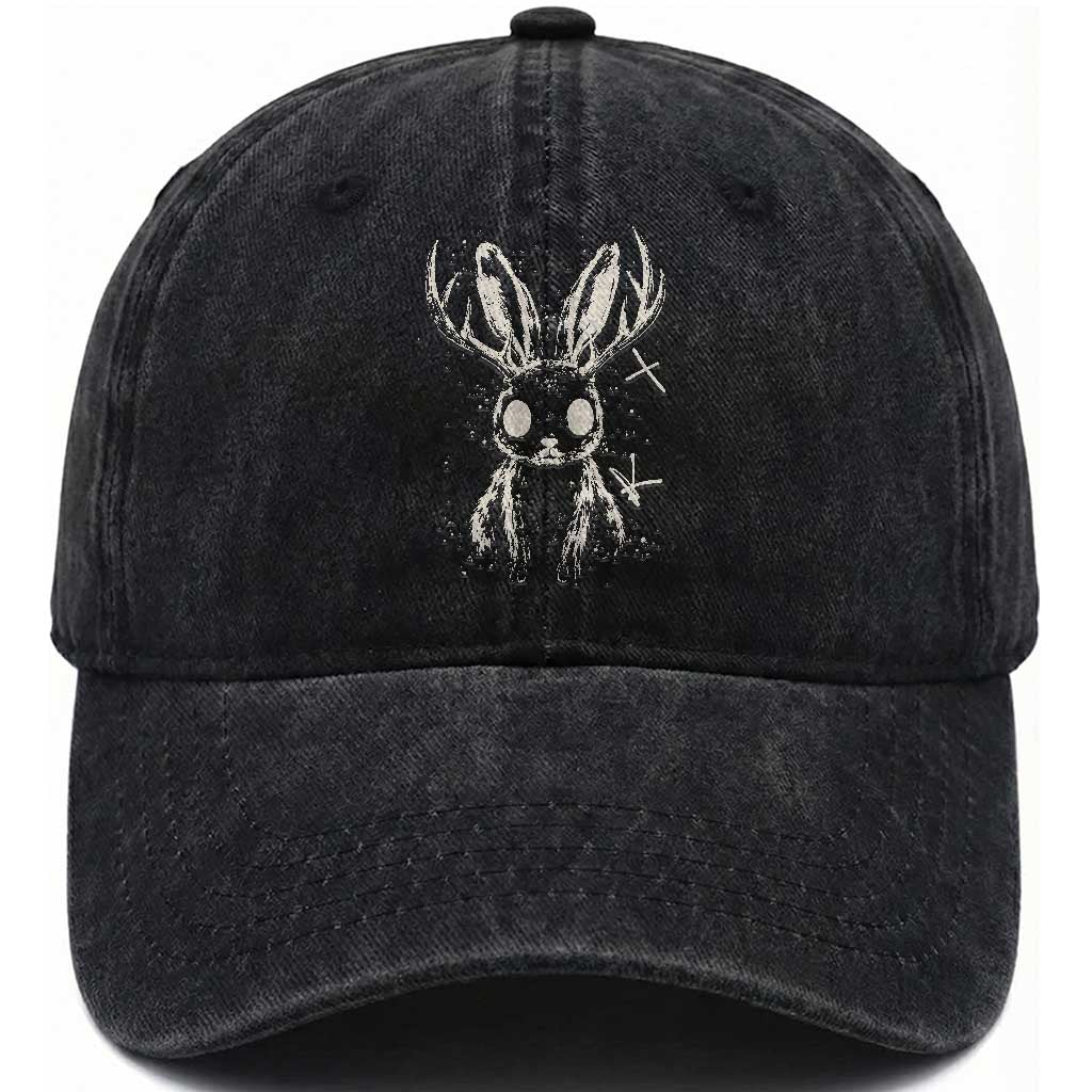 Creepy Cute Jackalope Washed Cotton Baseball Cap Gothic Spooky Horned Rabbit Graphic