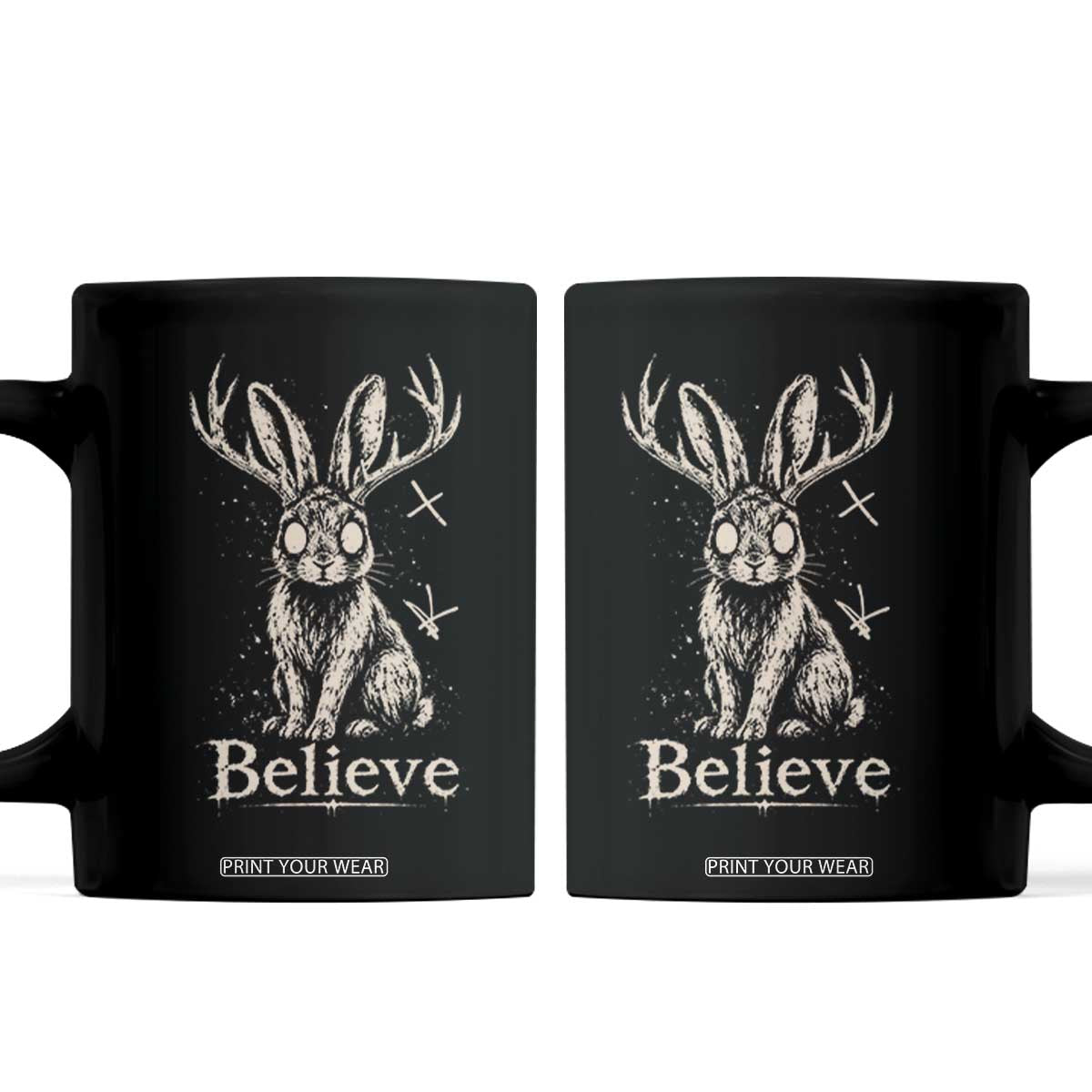 Gothic Jackalope Coffee Mug Creepy Occult Graphic Monochromatic Spooky Horned Rabbit Dark Academia