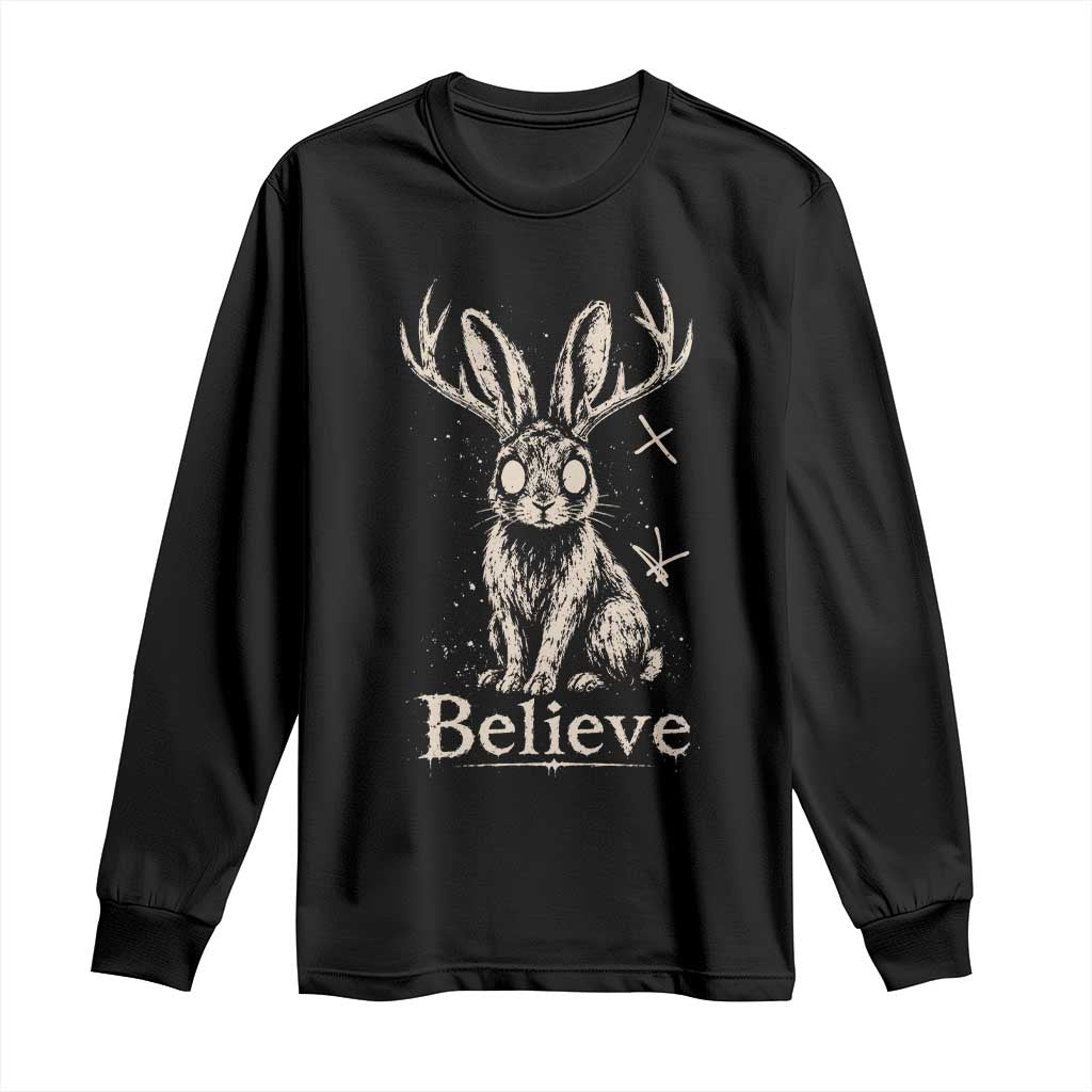 Gothic Jackalope Long Sleeve Shirt Creepy Occult Graphic Monochromatic Spooky Horned Rabbit Dark Academia
