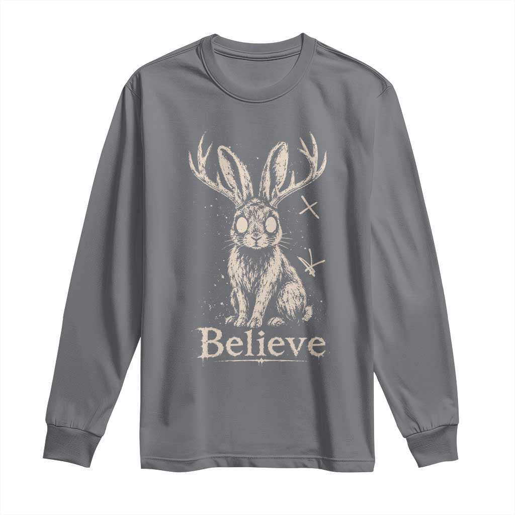 Gothic Jackalope Long Sleeve Shirt Creepy Occult Graphic Monochromatic Spooky Horned Rabbit Dark Academia