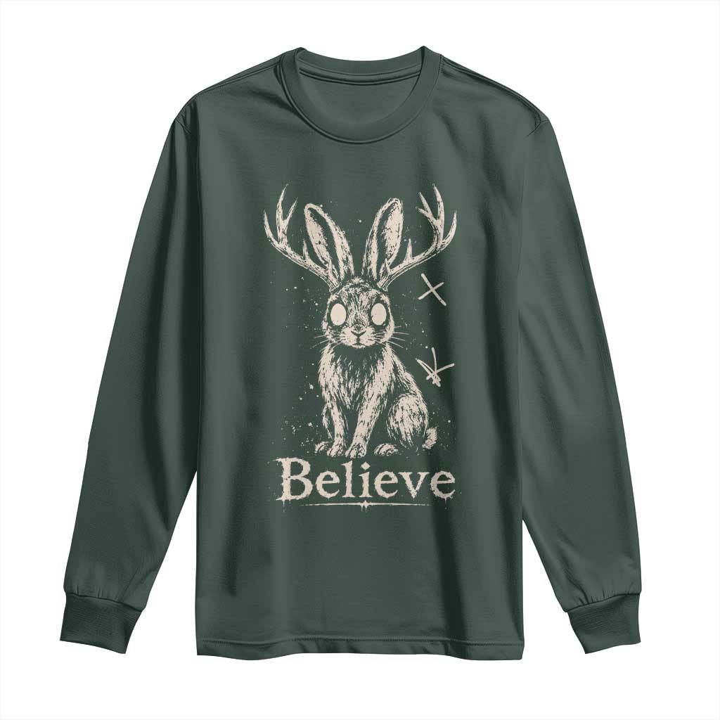Gothic Jackalope Long Sleeve Shirt Creepy Occult Graphic Monochromatic Spooky Horned Rabbit Dark Academia